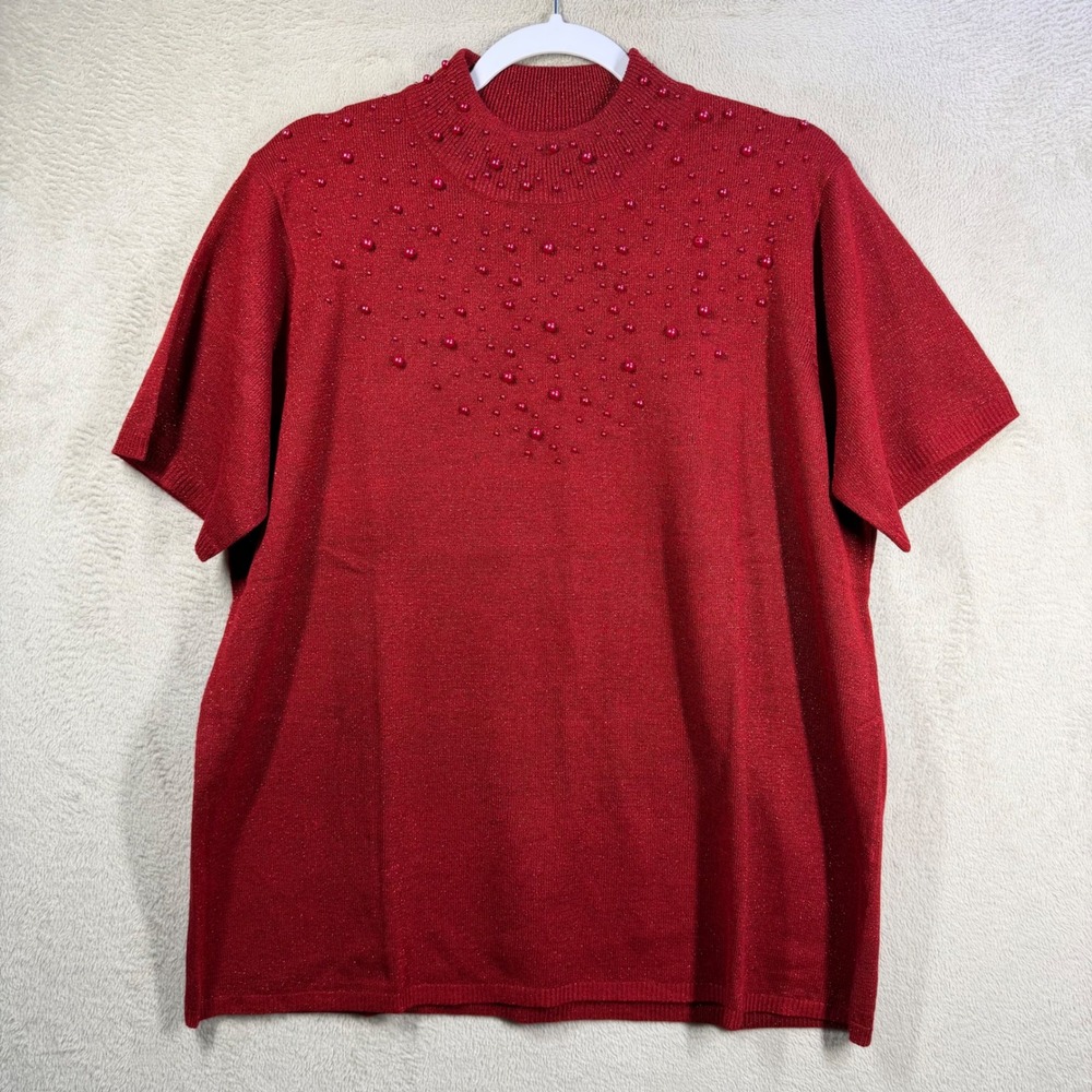 Susan Graver Style Short Sleeve Sweater Women 1X Red Pearl Embellished Holiday